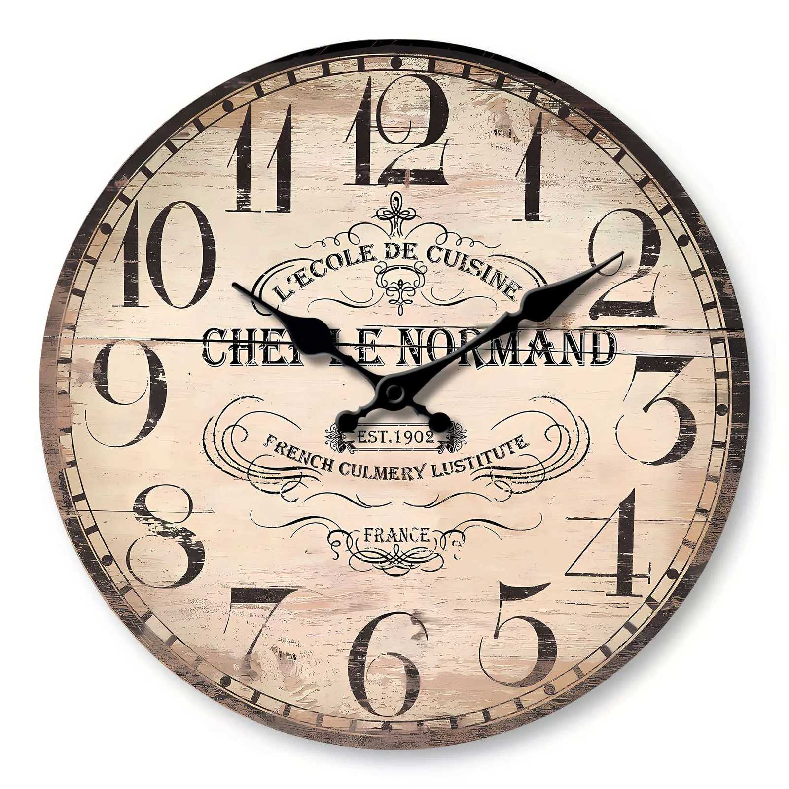 1pc Wooden veneer wall clock wall clock designed with vintage wood texture and French Culinary school theme Silent clock - for C251126