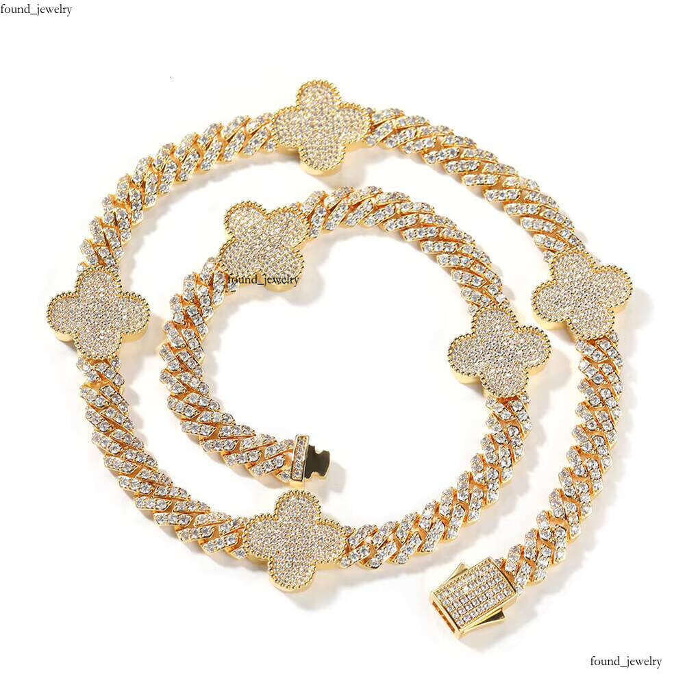 High Quality fashion Jewelry 18k Gold Plated Brass Necklace 8mm Cuban Chain VVS Moissanite Four Leaf Clover Bracelet