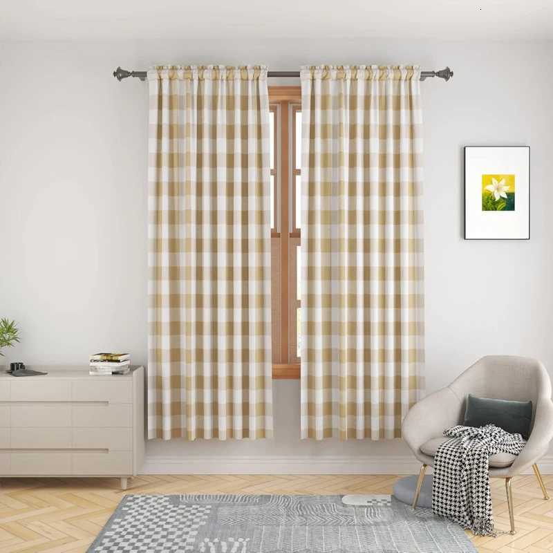 Curtain Christmas 1pc farmhouse khaki grid through pole curtains suitable for bedrooms living rooms and study rooms Y251126