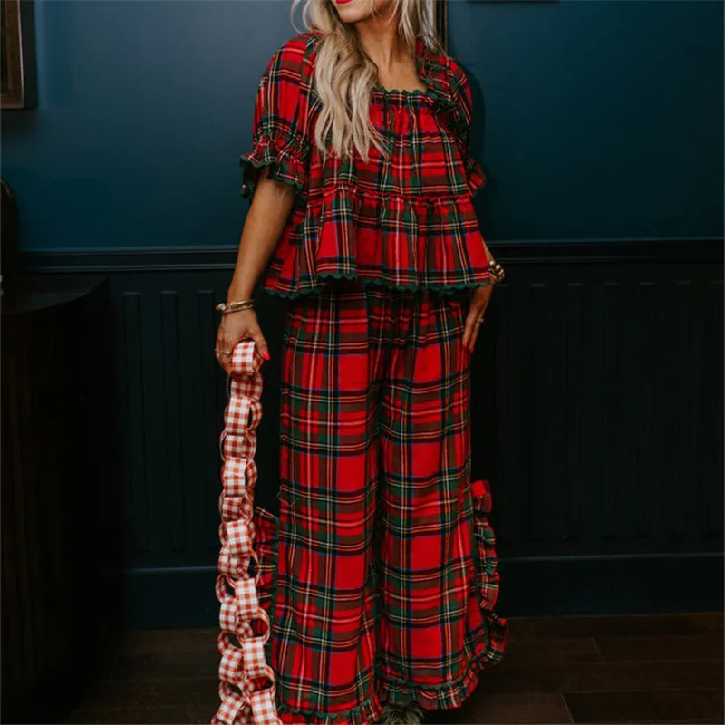 Women Christmas Plaid Pajama Set Y2k Ruffle Hem Puff Sleeve doll Shirt Gingham Pants 2 Piece Pj Sleepwear Party Lounge Set 251125