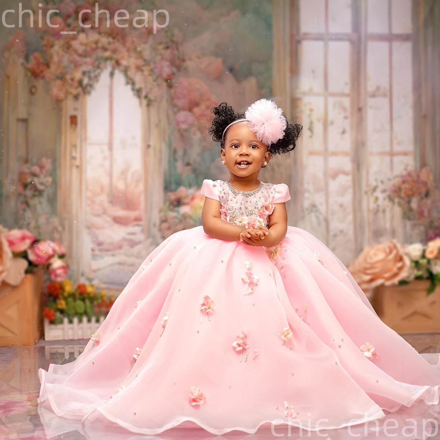 2026 Pink Ball Gown Flower Girl Dresses Crystals Flowers Organza Little Girl Christmas Peageant Birthday Christening Tutu Dress Gowns ZJ4272