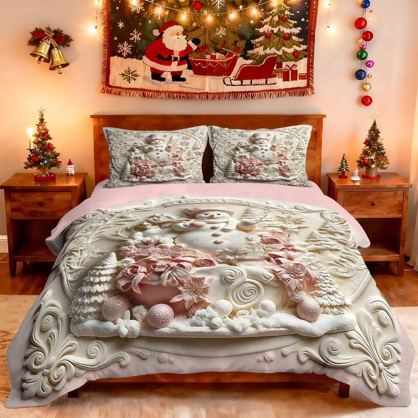 Christmas 3pcs Imitation Relief Christmas Bedding Set Snowman Printed Duvet Cover Set Multi Size for Choosing Bedroom Decoration Y251126