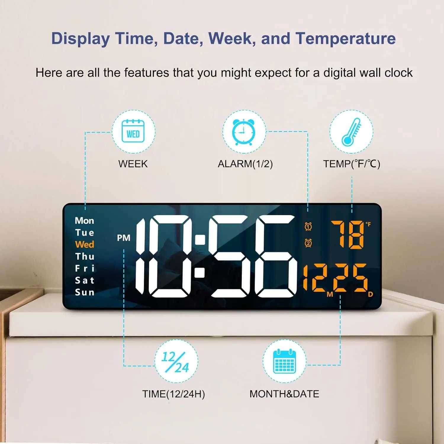 Large Digital Wall Clock with Remote Control 16inch/41cm Electronic Watch with Big LED Screen Dispaly Date Week Temperature C251126