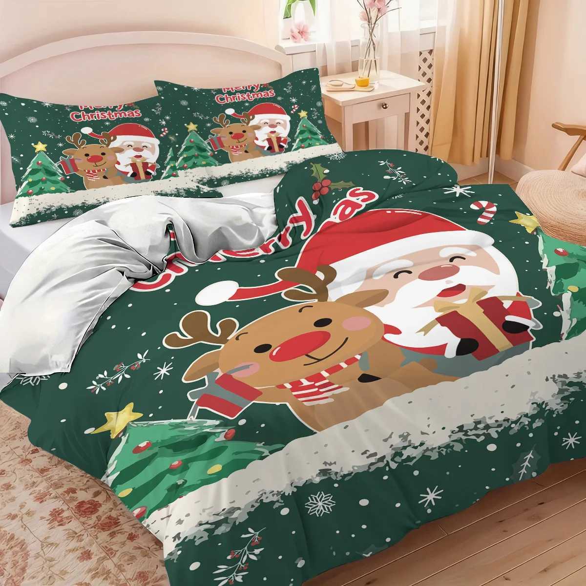 Christmas 3pcs Santa Claus Christmas Tree Print Coreless Duvet Set Bedroom Dormitory Bedding Decoration Comfortable Machine Washable Y251126