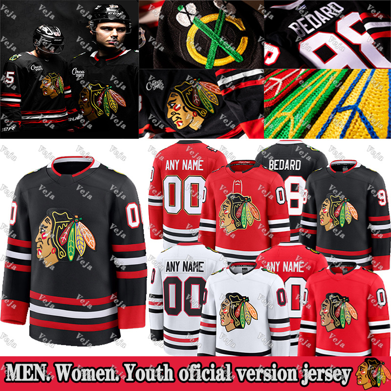 Blackhawkss 98 Bedard 2025 26 Black 100th hockey Jersey Alex Vlasic Teuvo Teravainen Louis Crevier Spencer Knight Nick Foligno Bertuzzi Maroon Athanasiou Custom