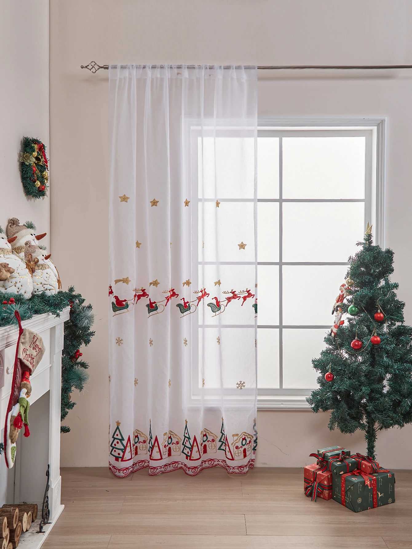 Curtain Christmas Christmas Curtains 84 Inch Length for Living Room 1 Panels Set Holiday Poinsettia sheer Decorations Buffalo Plaid Decor Y251126