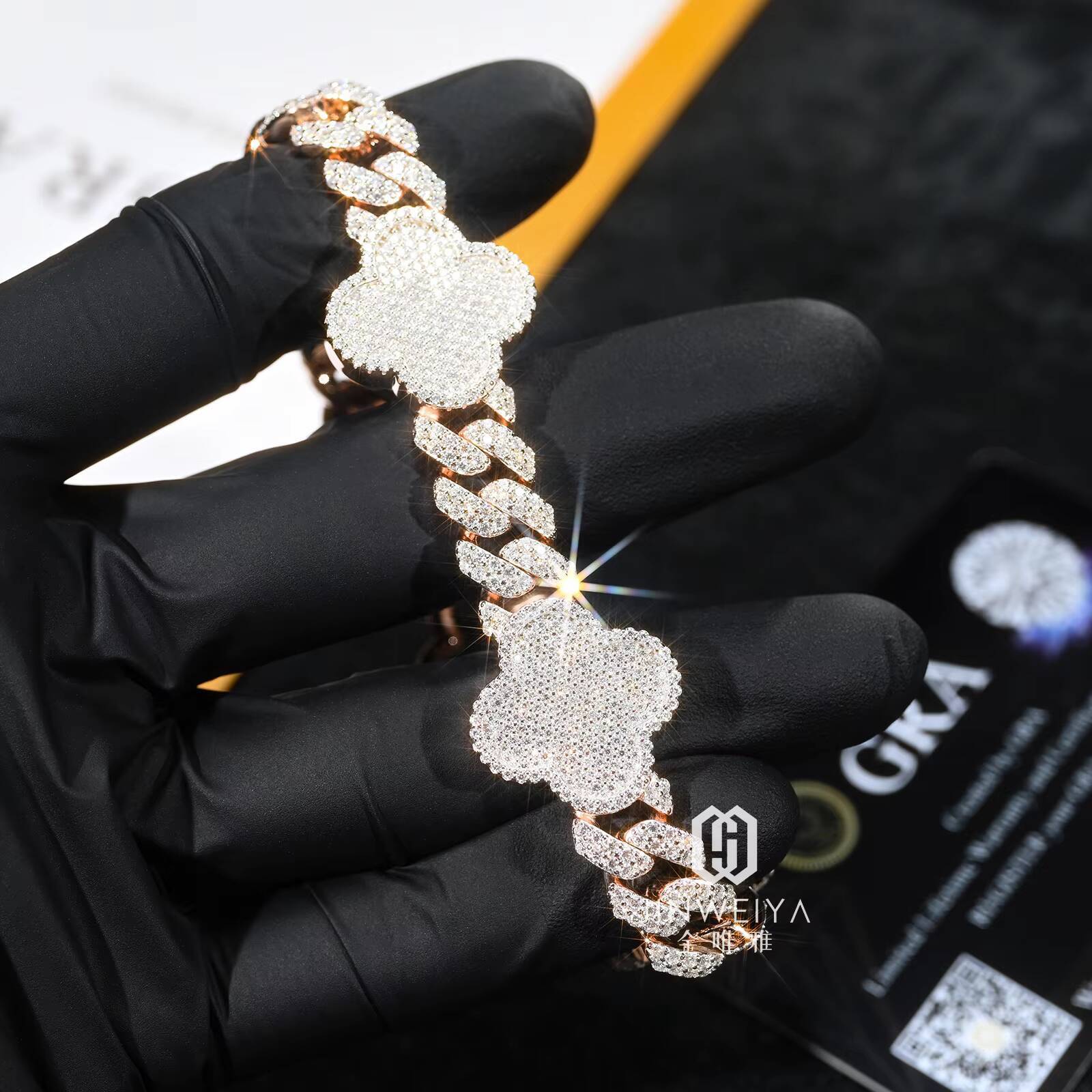 HipHop Jewelry 925 Silver Exquisite Chain Link Bracelet Lucky Flower VVS Moissanite Cuban Chain Luxury 10mm Cuban Chain Bracelet