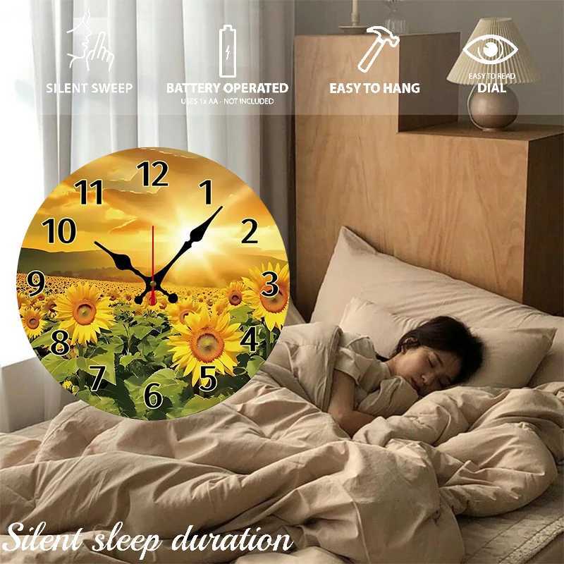 Sunflowers Design Wooden Round Silent Hanging Wall Clock Suitable For Living Room Office Study Room Bedroom Home Decoration C251126