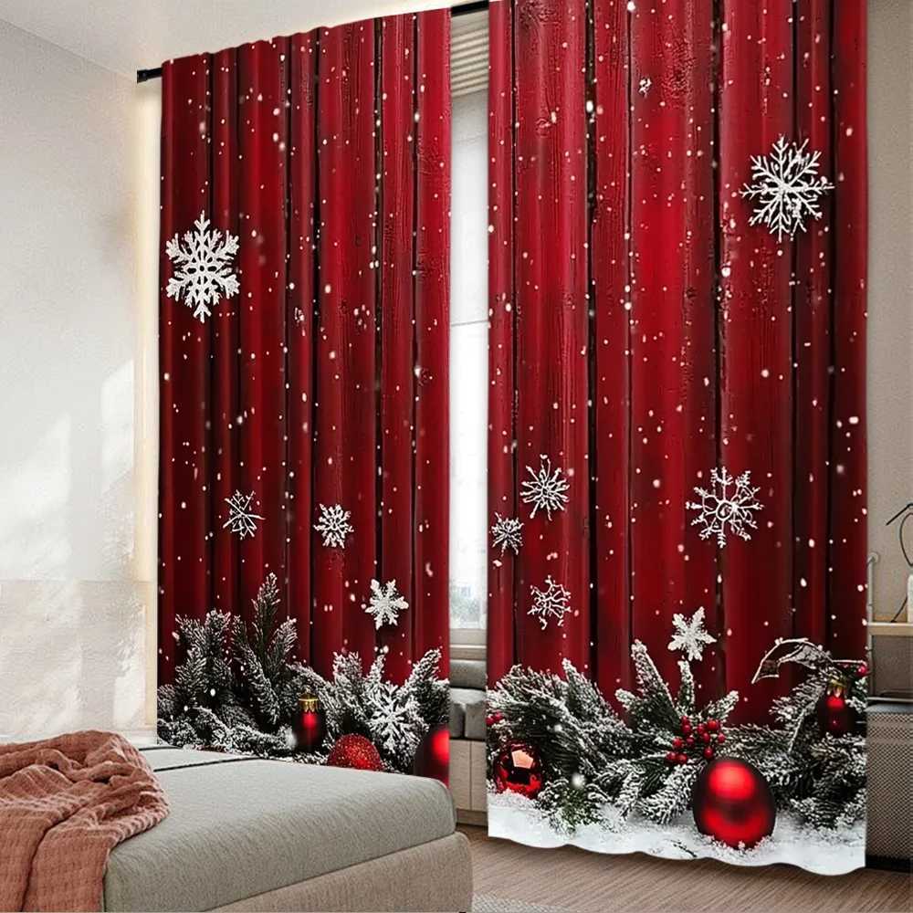 Curtain Christmas 2D flat printing 2pcs Merry Christmas Party Curtains Festive snowflakes and pine branches Digital Printed Polyester Drapes Y251126
