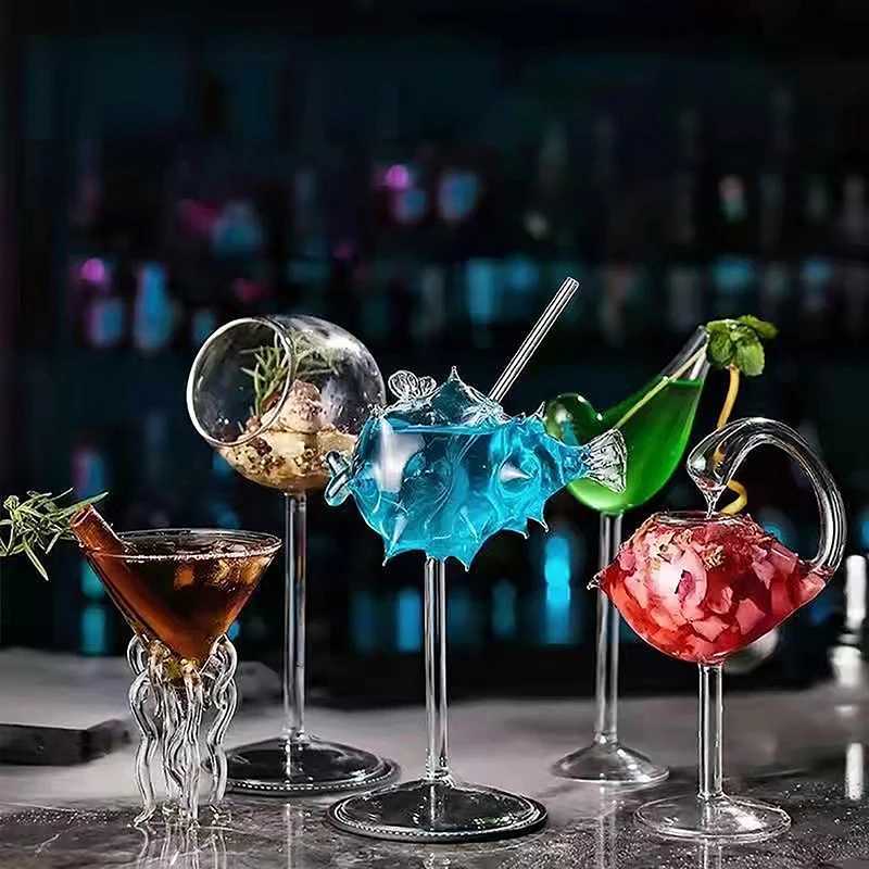 Creative Cocktail Glass Thorn Fish-Shaped Goblet Glass Bar KTV Nightclub Party Drinking Cup Octopus Bird-Shaped Wine Juice Cup C251126
