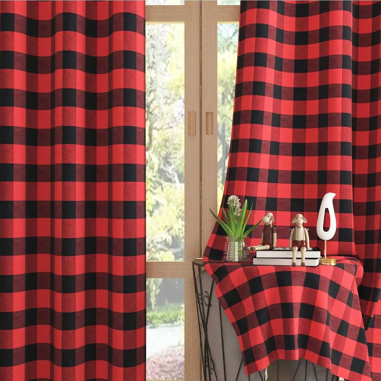 Curtain Christmas Semi-Blackout Windows Curtains Christmas Check Plaid Curtains for Bedroom Drapes in Living Room Redgreen Farmhouse Home Decor Y25112