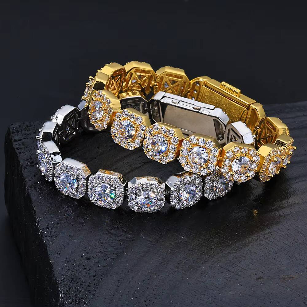 Iced Out 925 Silver Bracelet Gold Plated 10/12mm VVS D Color Clustered Tennis Chain Women Hip Hop Bling Jewelry