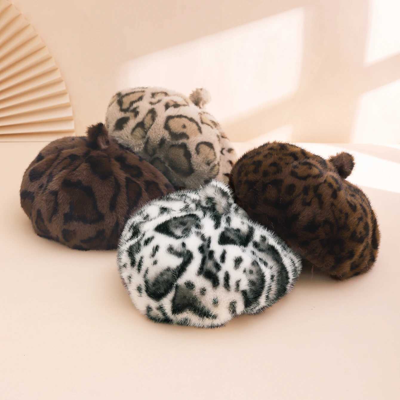 Trendy and fashionable leopard print plush octagonal beret with top versatile pumpkin hat for autumn and winter atmosphere J251125