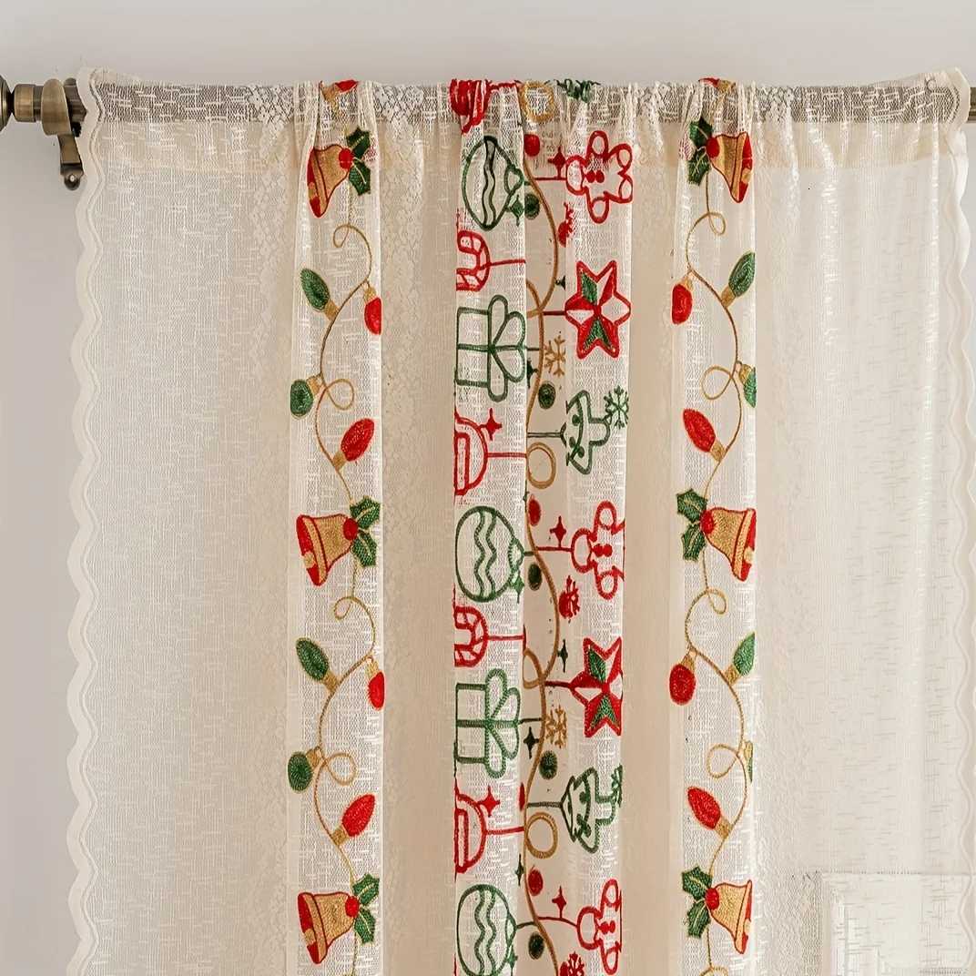 Christmas 1Pc Warp-Knitted Embroidered Santa Claus Bell Christmas Curtain Rod-Top Window Drape Home Decoration 2025 Model Y251126