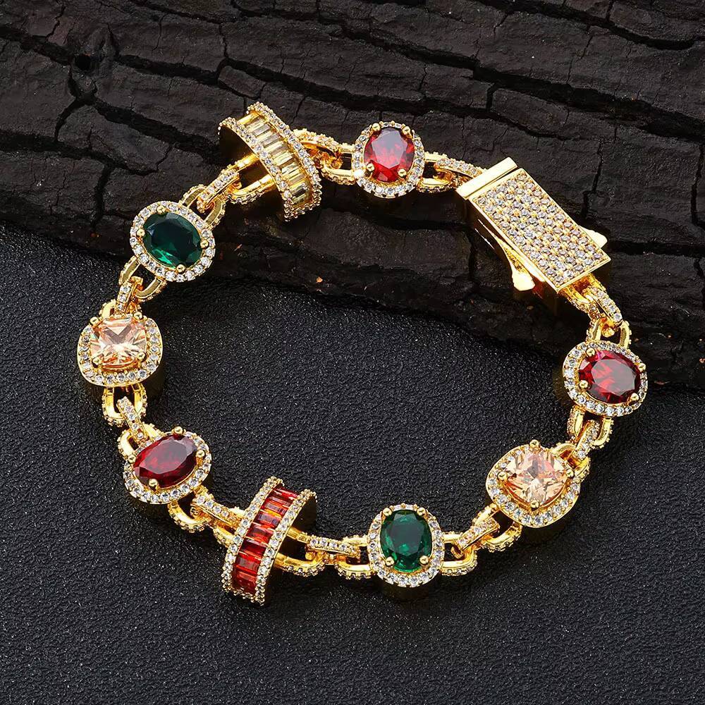 European American Hip Hop Mens High-End Light Luxury Tennis Bracelet Cross-Border Color Gem Accessories Wholesale Fashion