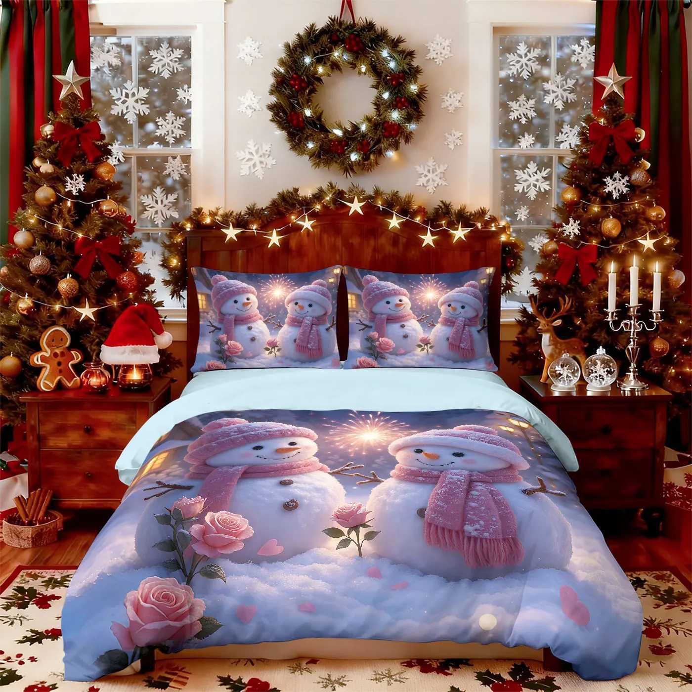 Christmas 3pcs Merry Christmas Snowman Printed Chipless Quilt Set Multi Size Bedroom Holiday Bedding Holiday Decoration Machine Washable Y251126