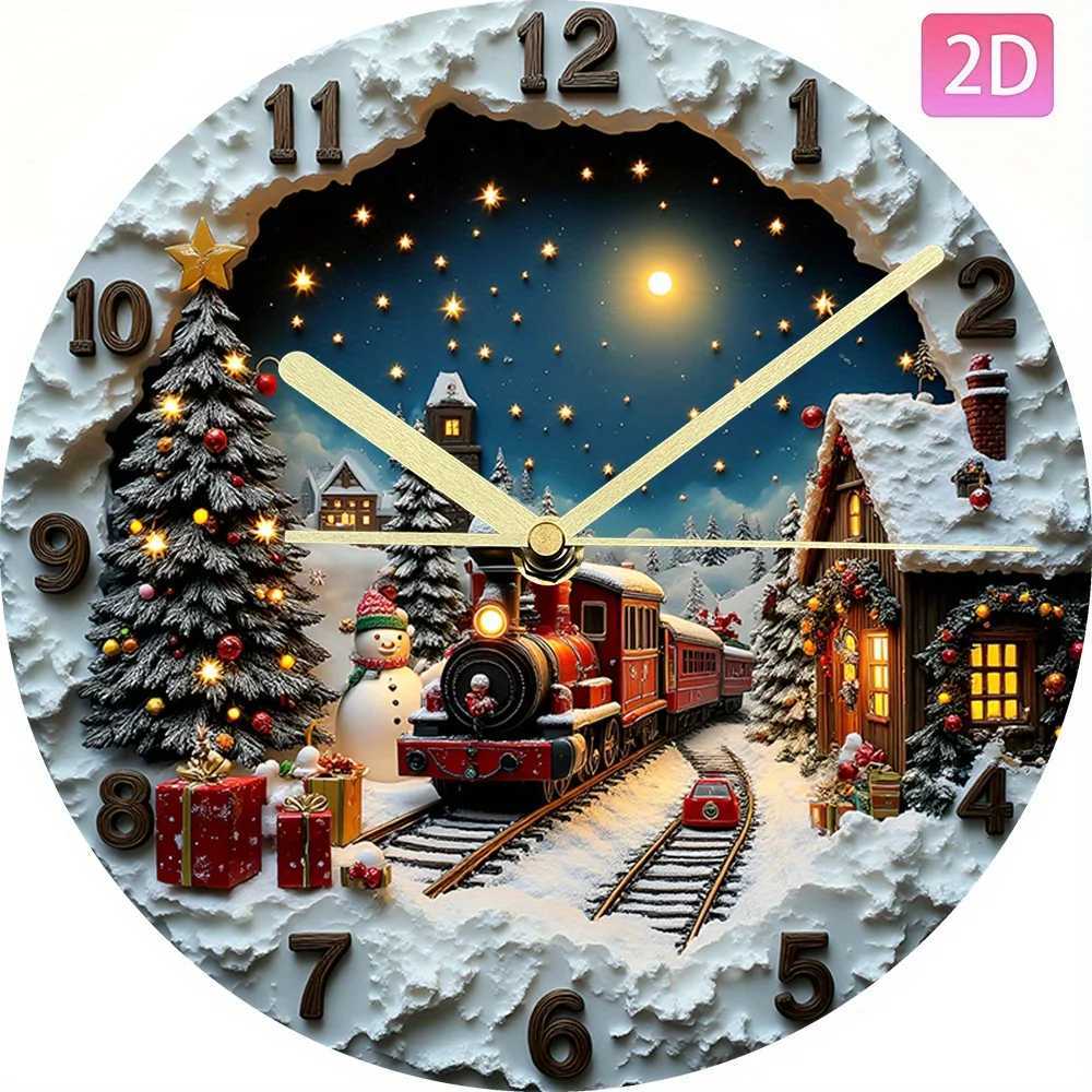 Silent Non-Ticking Wall Clock - Modern Minimst Round Decor with Snowy Landscape Red Train Christmas Trees - Battery-Power C251126