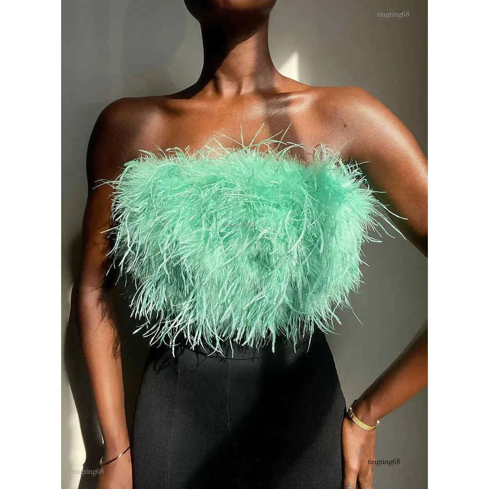 Women's Tanks Camis Tossy Fur Feather Strapless Tube Tops For Women Party Fashion Bustier Cute Top Y2k Club 2022 New Sexy Mini Fluffy Corset Top 