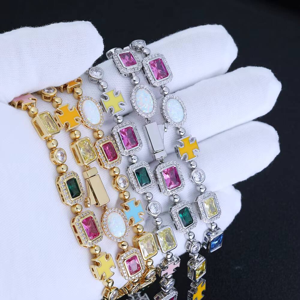 Hip Hop Jewelry Iced Out Multi Color Cubic Zirconia Cz Gemstone Tennis Bracelet Mixed Colored Enamel Motif Bracelet for Women
