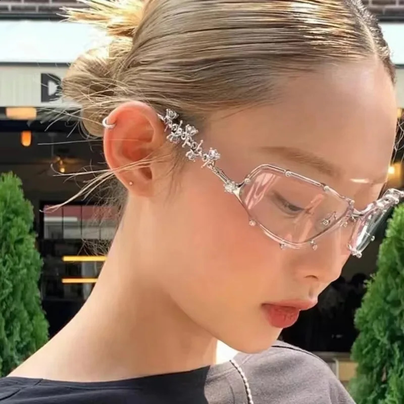 Rhinestone Irregular Sunglasses Women Men Silver Color Metal Small Frame Glasses Elegant Casual Sunglasses Fashion Accessories 250424