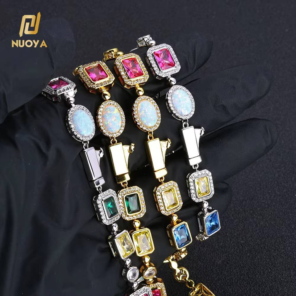 NUOYA Fashion Chain Bracelet White Gold Plated Colorful Opal Geometric Diamond Link Chain Bracelet Womens Jewelry