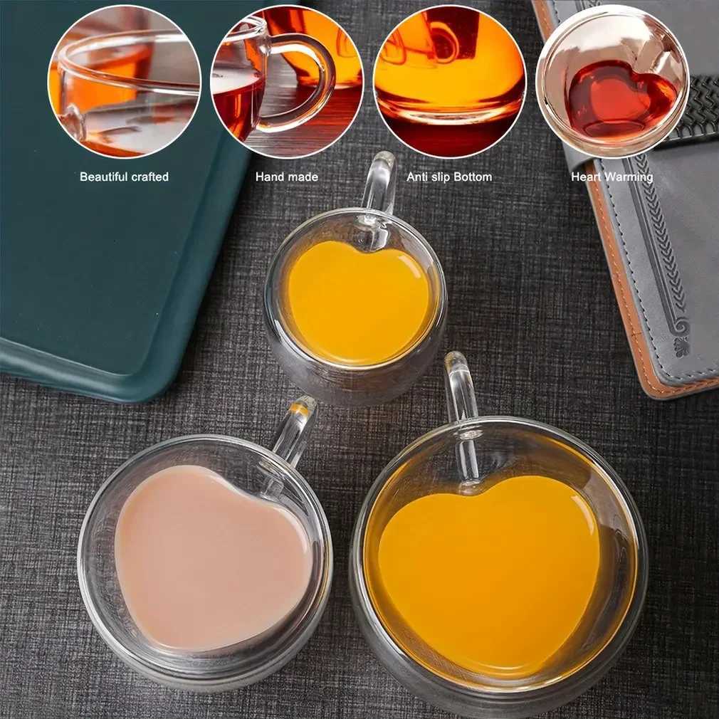 Heart Love Shape Glass Coffee Cups Mug Double Layer Drinking Tea Milk Juice Water Glasses Heat Resistant Drinkware Lover Gift C251126