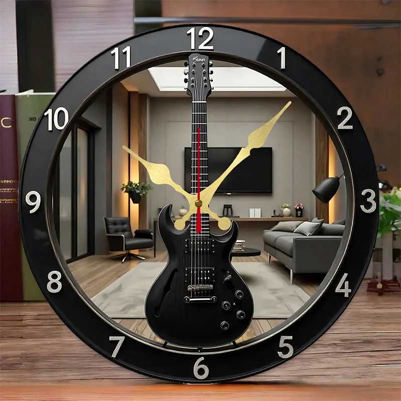 Electric Guitar-Shaped Wooden Round Silent Hanging Wall ClockSuitable For Living RoomOfficeStudy RoomBedroomHome Decoration C251126