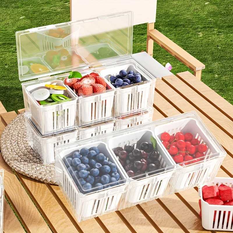 3 Compartment Food Storage Container With Lid Transparent Square Blue Drain Box For Fridge Salad Fruit Veg Condiments Reusable Y251126