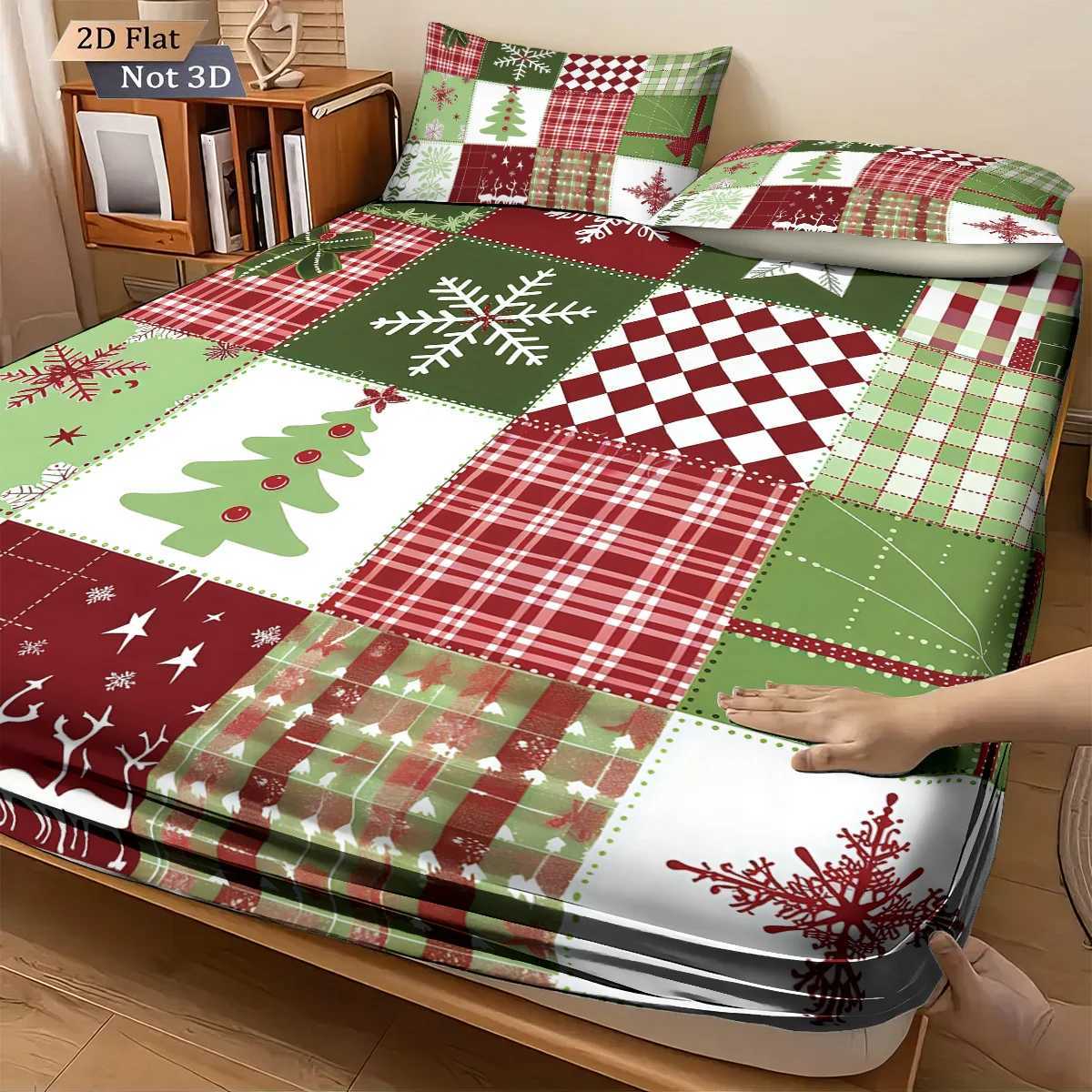 Christmas 3pcs fabric splicing Christmas element print coreless bed sheet set multi size soft bedcover bedroom bedding decoration Y251126