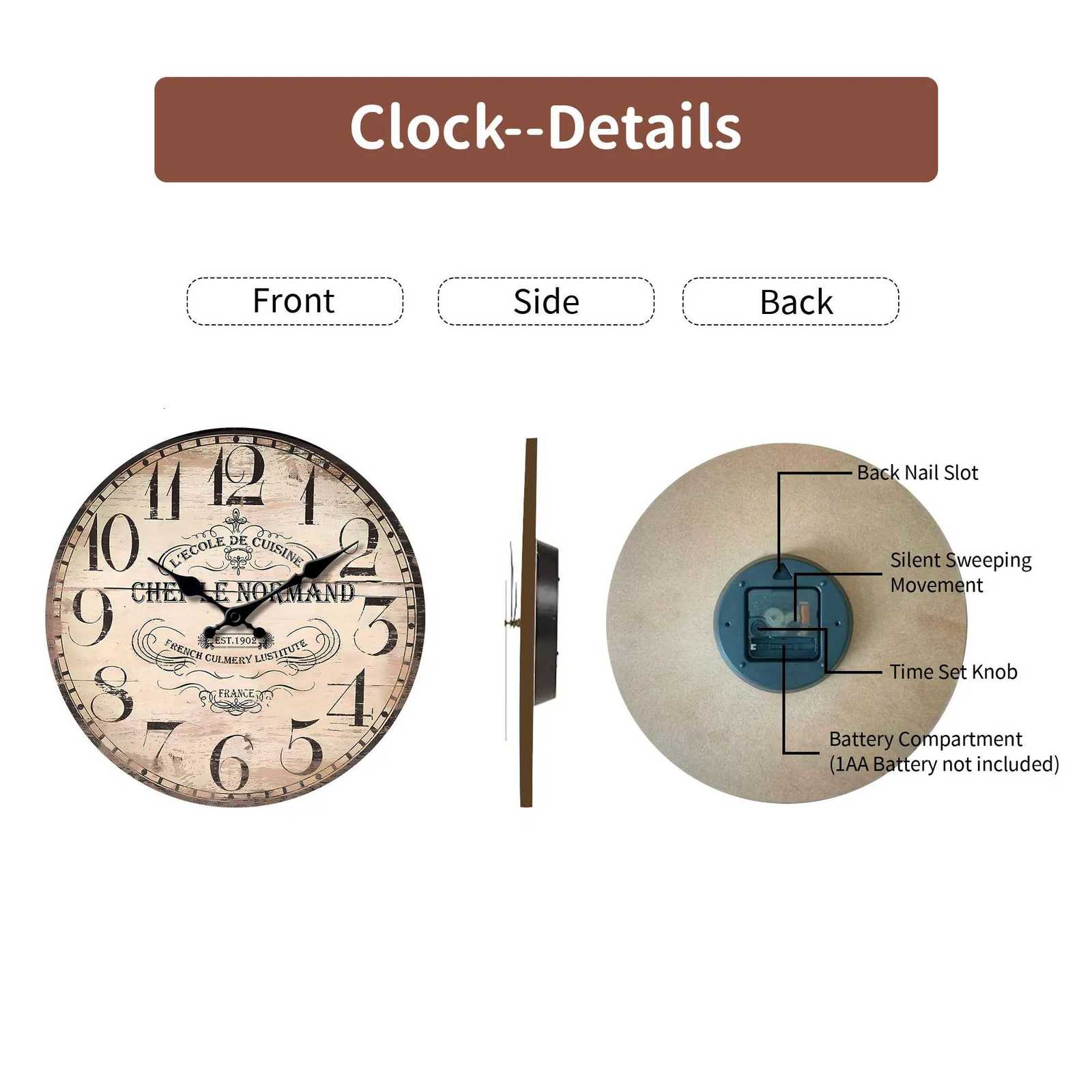 1pc Wooden veneer wall clock wall clock designed with vintage wood texture and French Culinary school theme Silent clock - for C251126