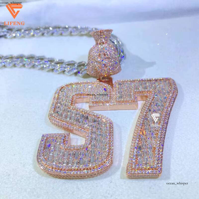 Hip Hop Double R Letter Baguette 18k Moissanite Vvs GRA Moissanite 925 Silver Personalized Necklace Iced Custom Jewelry 14k Chain Pendant - view 6