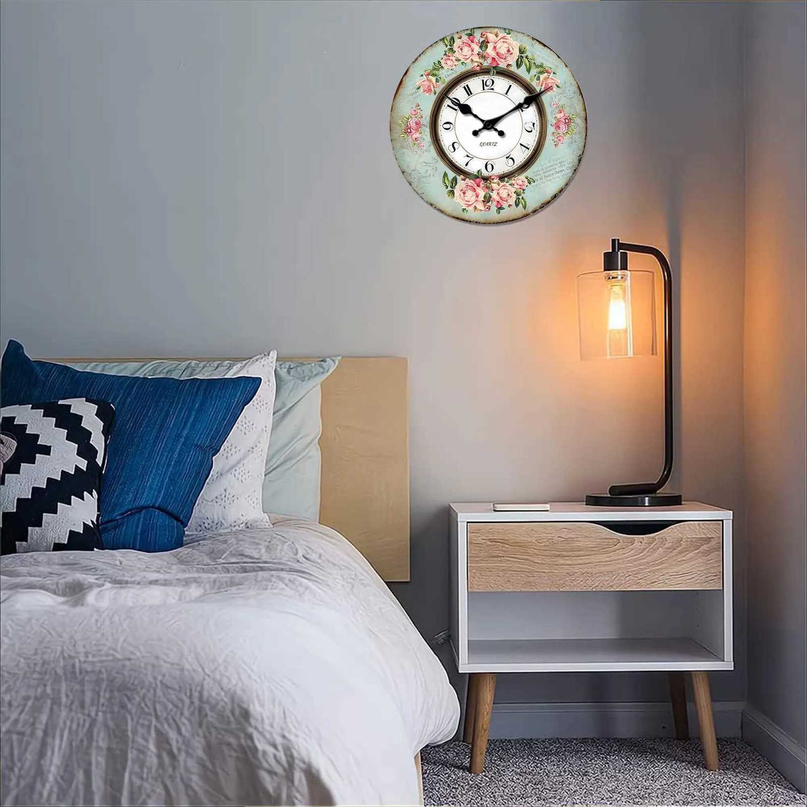 Retro romantic pink rose design light cyan wall clock 10-16 inches silent quartz suitable for living room bedroom patio C251126