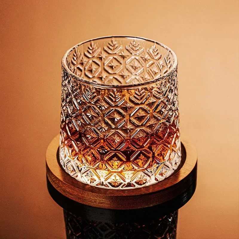 Retro Rotating Whisky Glass Cup with Bamboo Coaster Spinning Top Stress Wine Enjoyable Cups Home Bar Drinking Utensils C251126