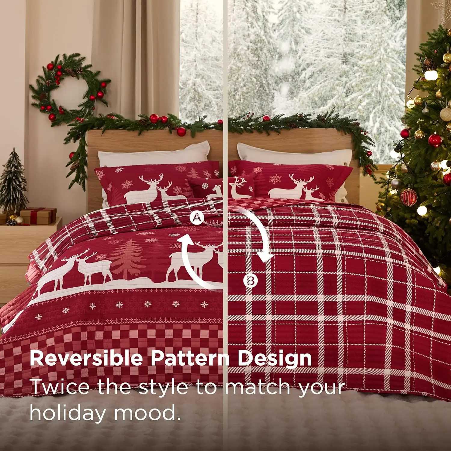 Christmas Christmas Quilt Bedding Set Red King Size Reversible Quilt Set with Snow and Reindeer Pattern Soft Microfiber Lightweight Bedspr Y251126