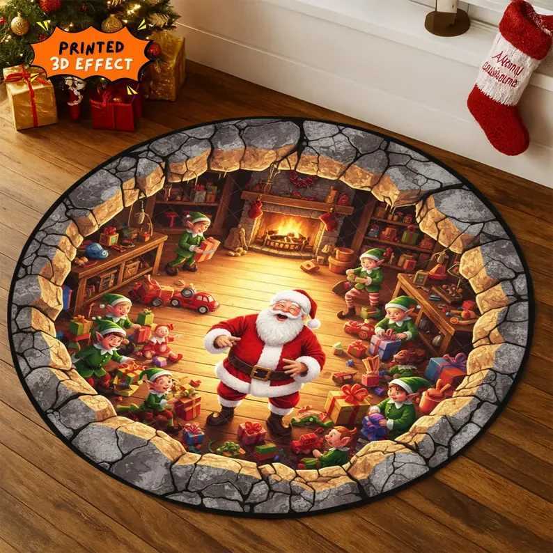 Christmas Santa Workshop 3D Printed Rug Cozy Holiday Illusion Carpet Santa and Elves Floor Mat Christmas Living Room DecorM251126