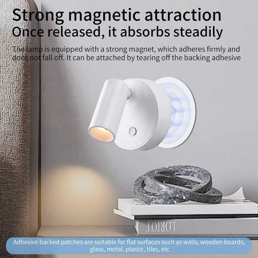 Magnetic LED Wall Lamp USB Rechargeable Touch Switch Wall Lights Spotlight Cordless Dimmable Bedroom Bedside Lamp Reading Light M251126