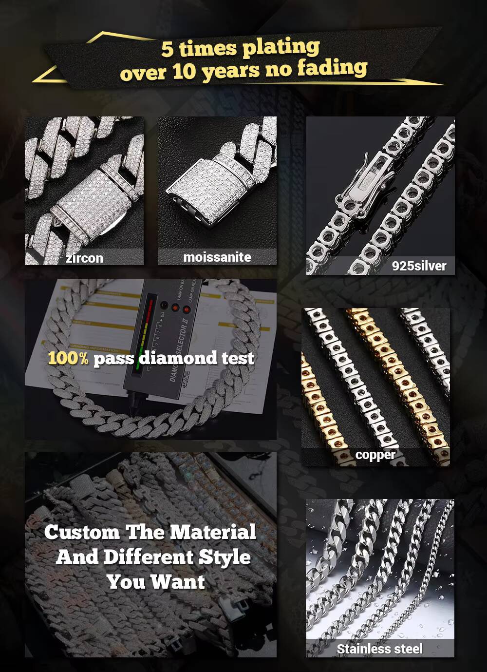 Stock VVS D Moissanite Iced Out 3MM 4MM 5MM 6MM Tennis Chains Wholesale Price Pass Diamond Tester Rhodium 925 Sterling Silver