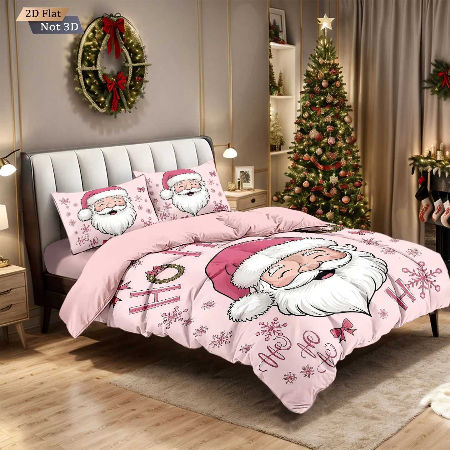 Christmas 3pcs pink Santa Claus printed coreless down duvet cover in multiple sizes soft bedroom bedding decoration machine washable Y251126