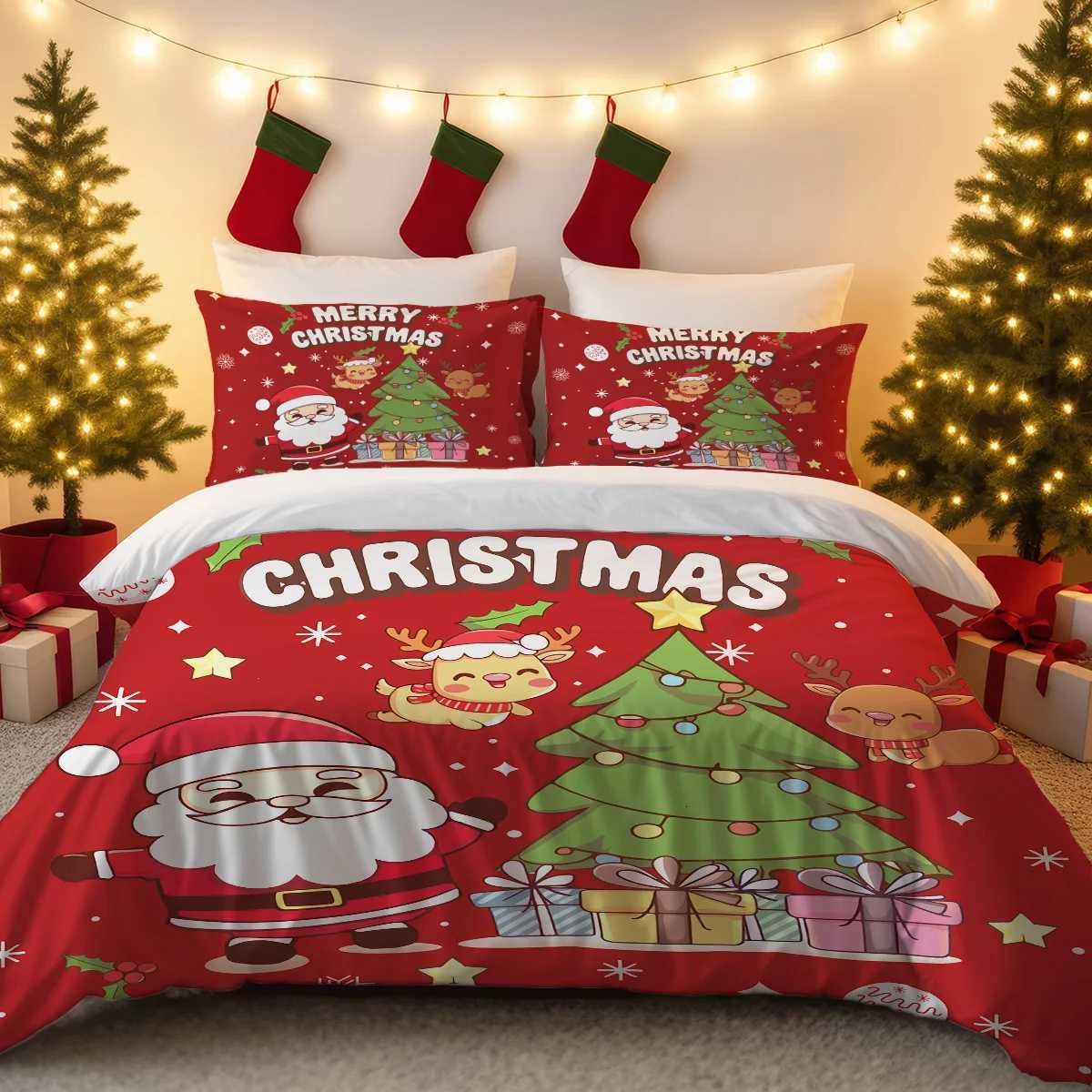 Christmas 3pcs Santa Claus Christmas Tree Print Coreless Duvet Set Bedroom Dormitory Bedding Decoration Comfortable Machine Washable Y251126