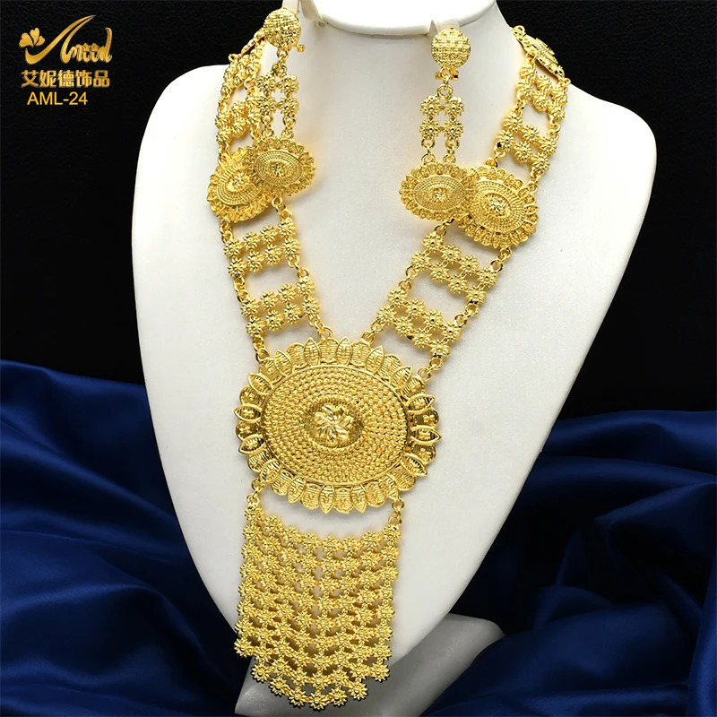 ANIID Indian Fashion 24k Gold Color Charm Necklace And Earrings Set African Wedding Jewelry Sets Bridal for Dubai Party Gifts w251121