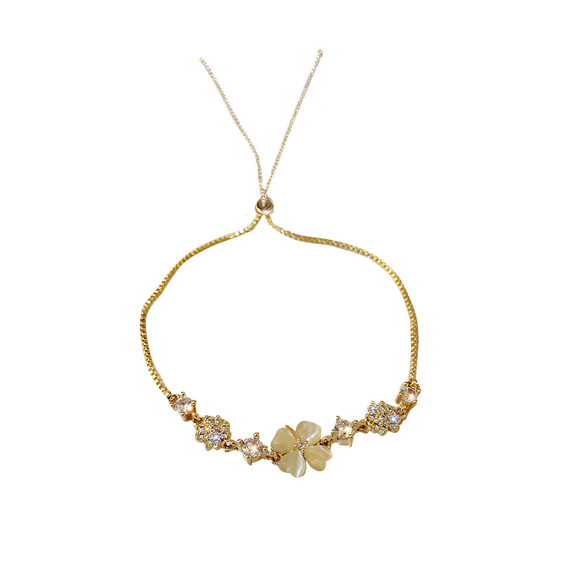 Real Gold Plated Korean Style Trendy Summer New Fashion Super Fairy Temperament Inlaid Diamond Cat's Eye Stone Petal Flower Bracelet Jewelry - view 6