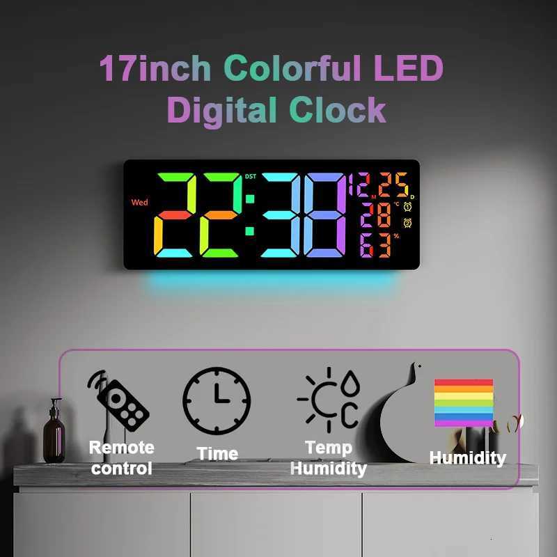 17 Large Digital Alarm Clock with 11Colors Dynamic RGB Display RGB LED Wall Clock with Colour Changing/Dual Alarm/Room Decor C251126