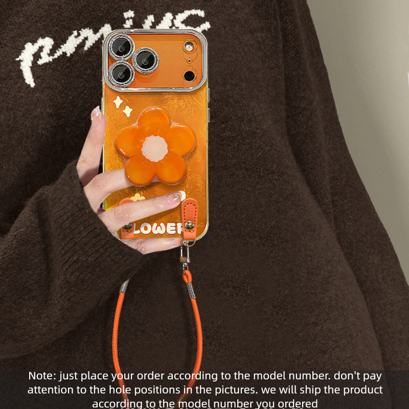 Orange flower holder suitable for Apple 17 phone case, iPhone 15 Promax with lanyard, 16 glacier pattern, 13 women