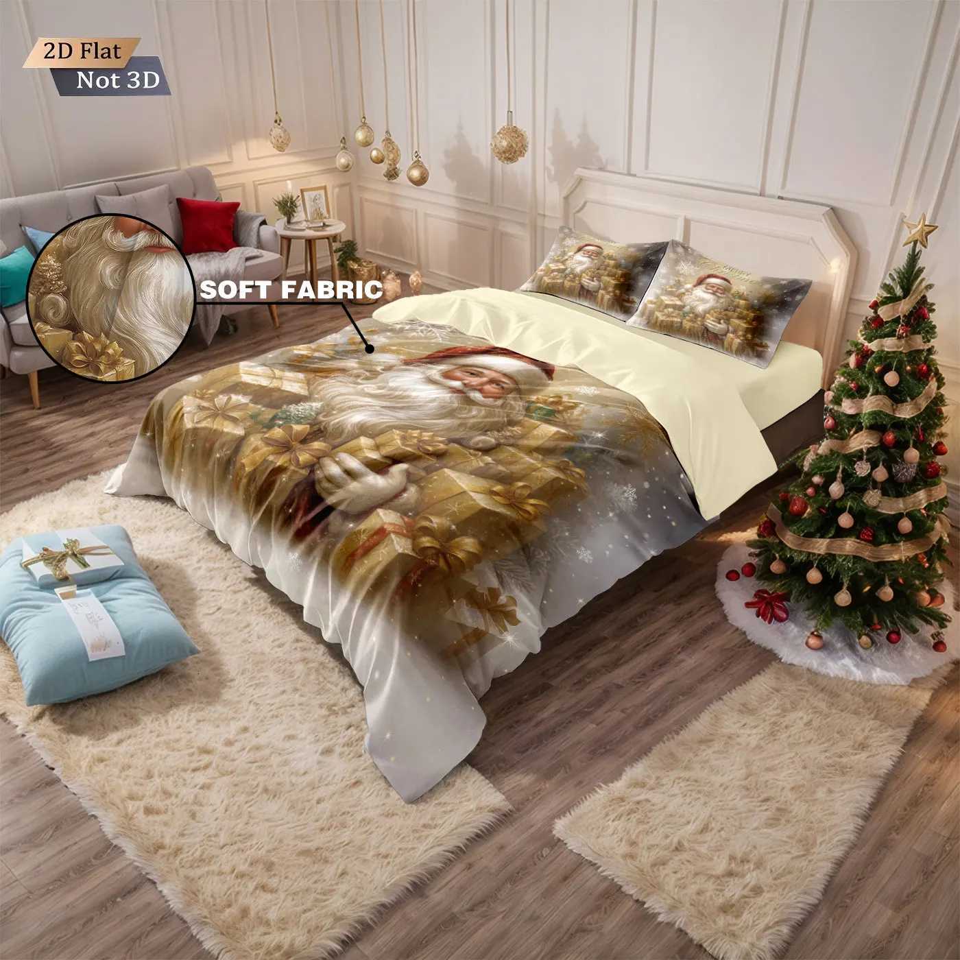 Christmas 3pcs Golden Santa Claus Printed Chipless Bedding Set Soft and Comfortable Dormitory Bedroom Multiple Sizes Machine Washable Y251126
