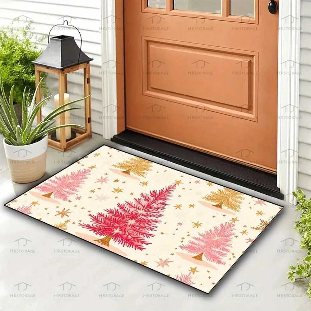 Pink Christmas Tree Happy Non-slip Doormat Indoor and Outdoor Front and Back Door Welcome Mat Winter DoormatM251126