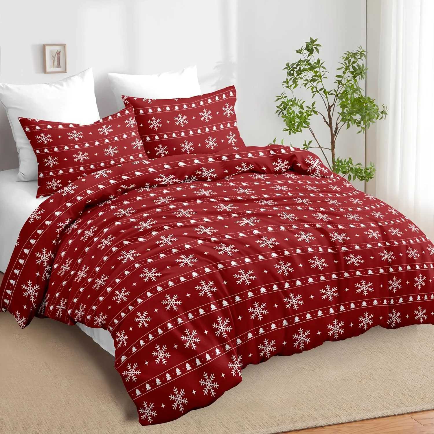 Christmas Christmas Duvet Cover King Holiday Bedding Set Red White Snowflake Christmas Tree Striped Duvet Cover Xmas Theme Bedding Gifts Y251126
