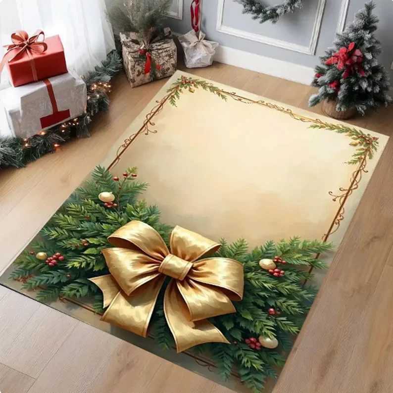 Christmas Rug with Golden Bow Washable Holiday Carpet Festive Non Slip Area Mat Gift Decoration for Living Room EntrywayM251126