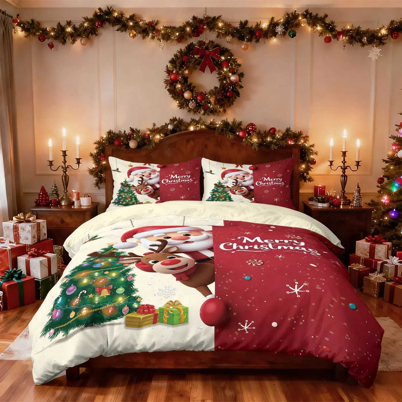 Christmas 3pc Merry Christmas Cartoon Santa Claus Printed Chipless Quilt Set Multi Size Bedrooms Dormitory Bedding Holiday Decoration Y251126