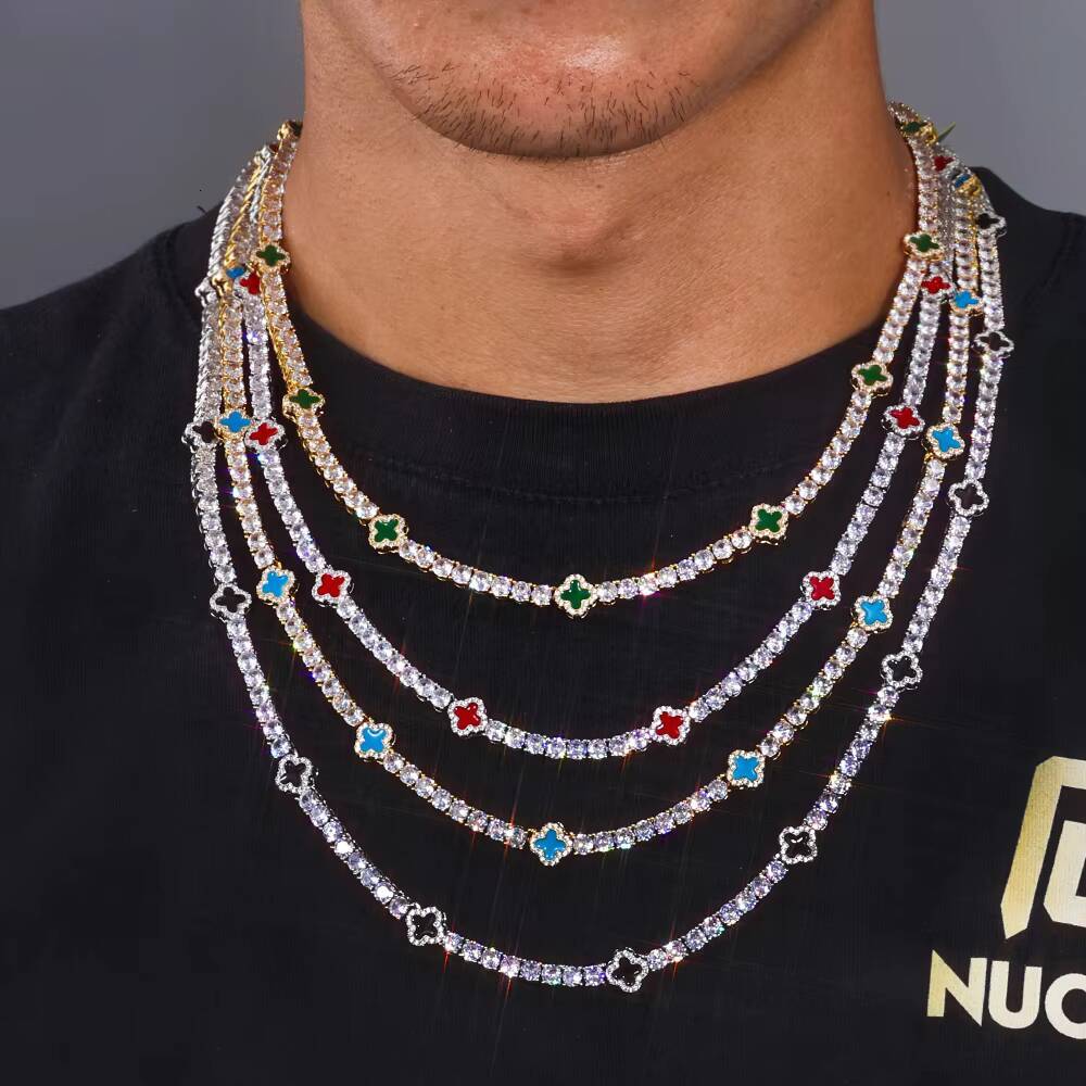 NUOYA Hip Hop Fine Jewelry Iced Out Diamond Tennis Chain Necklace Gold Plated Colorful Four Leaf Clover Tennis Chain for Women
