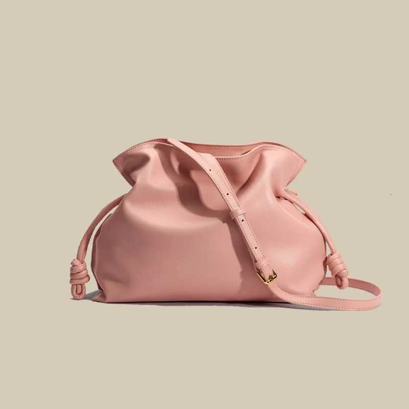 New Ruched Design Solid Color String Close Gift Lucky Pouch Handbag Cowhide Leather Women Shoulder Bag 2 Size Daily Purse K251126